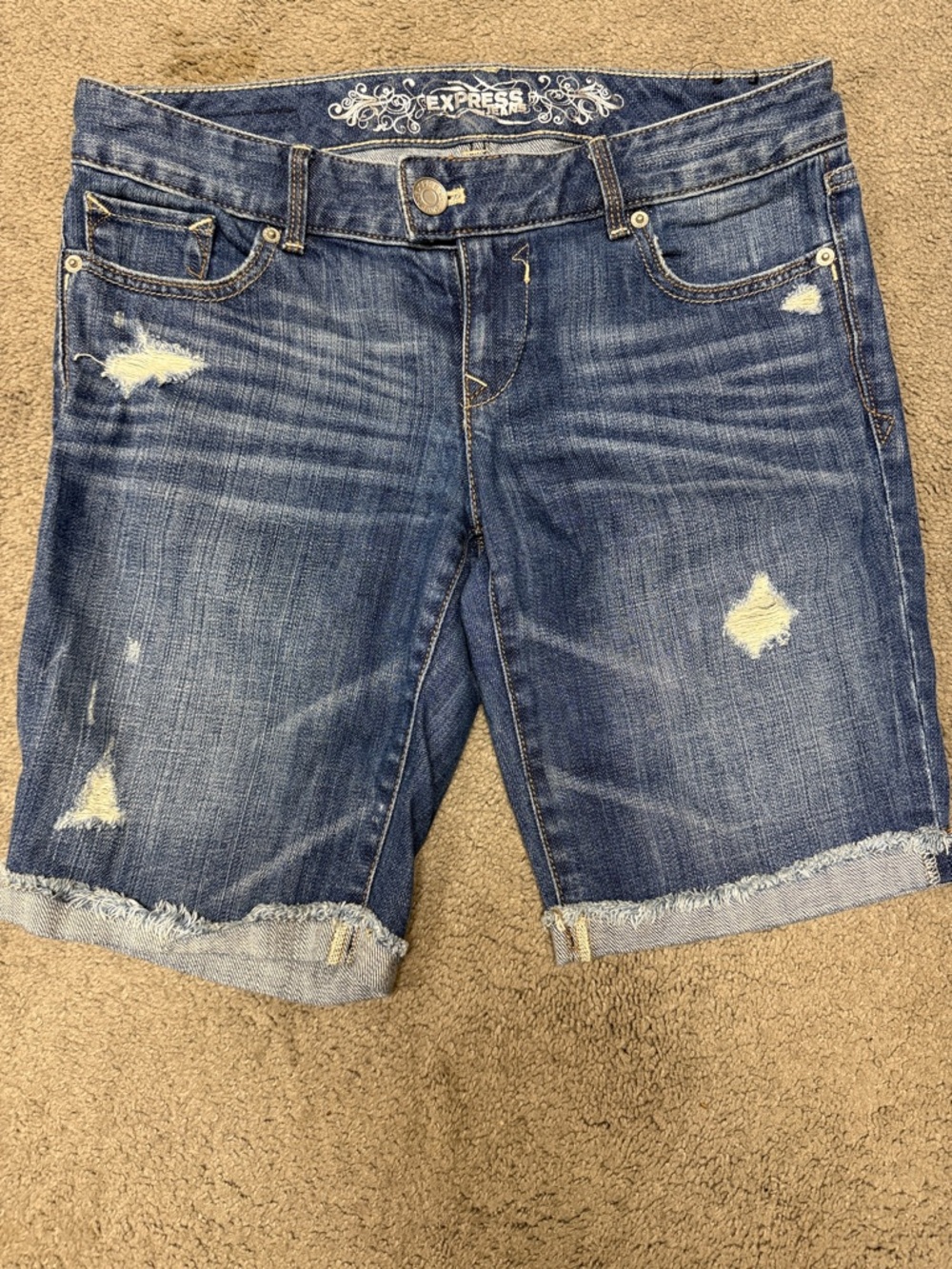 Express Distressed Bermuda Rolled-Hem Denim Shorts - Blue
